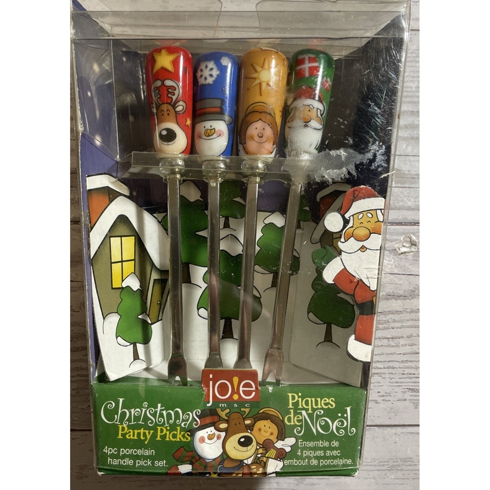 Vintage Joie Christmas 4 Pc Porcelain Party Picks Reindeer Santa‎ Snowman Angel